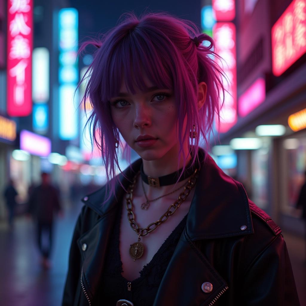 A character from Arcane with scene hair styled in a grunge punk fashion. The background features a neon-lit city with various colorful signs. The character wears a black leather jacket and dark accessories, contributing to a rebellious aesthetic.