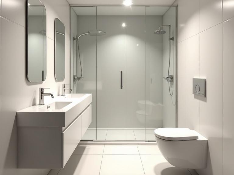 Modern small bathroom interior in wide-angle view. One white ceramic toilet seat on the right. Two wall-mounted basins on the left with mirrors above. Glass shower enclosure in center. No duplicate fixtures. Compact and efficient layout. Tiled floor and walls. Soft ambient lighting. Minimalistic clean design. Realistic lighting. Architectural rendering.