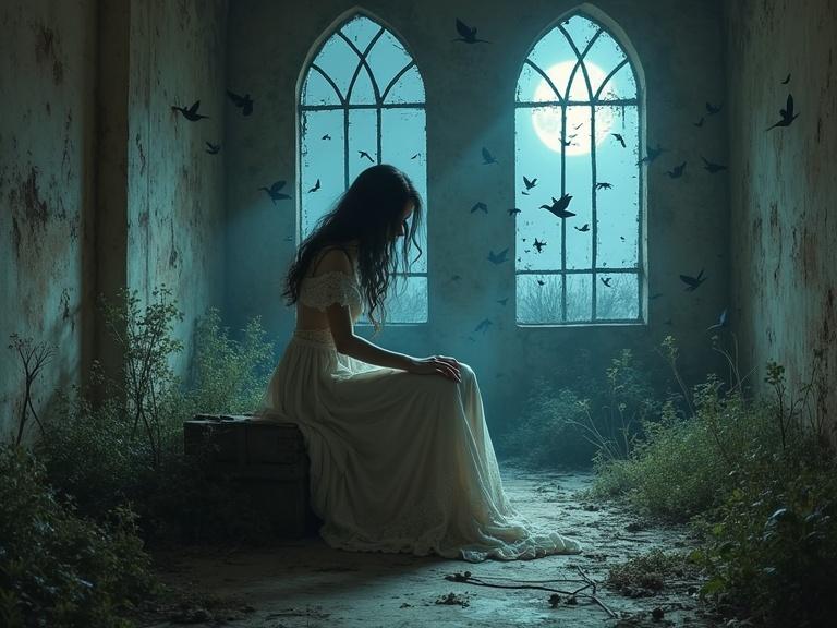 Create haunting artwork with a woman seated in an abandoned building. She wears a long flowing dress with lace. Her hair is dark and loose. The building has tall arched windows with shattered glass. The walls are cracked and dirty. The floor is littered with debris and wildflowers. A full moon shines in with a ghostly light. Birds swarm inside and outside the windows. Use muted sepia tones with blue accents. Capture a gothic atmosphere with realism and dreamlike elements. Balance stillness and chaos for timelessness.