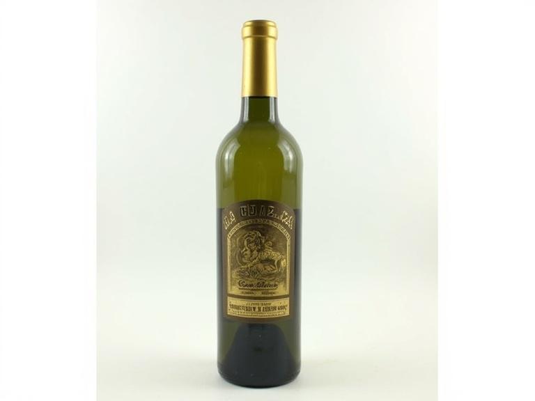 Bottle of green wine with a label featuring the text La Guazza Congrega Imperiale 2005