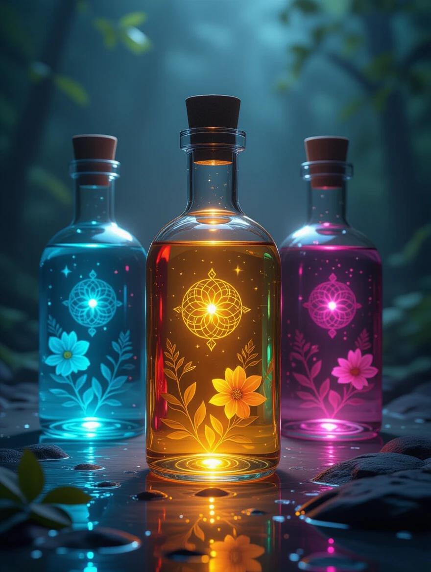Image of three transparent bottles filled with glowing colored liquids. Each bottle adorned with floral designs and symbols. Set in a dark forest with soft lighting creating a mysterious atmosphere.