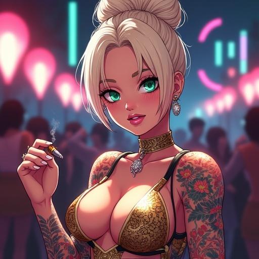 Anime style woman with emerald green eyes. Elegant light blonde hair in a French bun. Wearing light pink diamond jewelry and a futuristic nightclub outfit. Displaying tattoos and a confident expression. Surrounded by fans in a colorful nightclub setting. Holding a cigar.