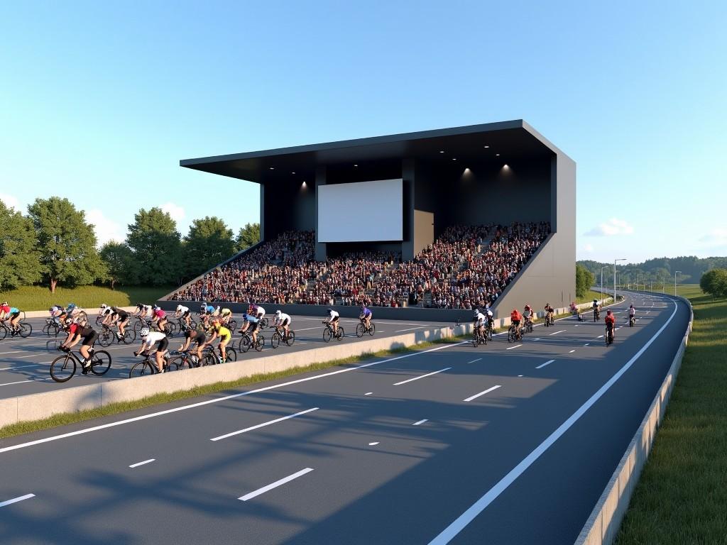 The image depicts a modern grandstand designed for a cycling event. Many spectators are seated, eagerly watching the race. Cyclists are competing on the road directly in front of the grandstand. The setting features a bright blue sky and vibrant greenery around the area. This scene captures the excitement of outdoor sports, combining architecture with the thrill of competition.