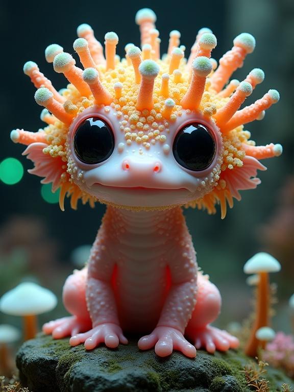 Surreal image of a fantastical creature combining features of an axolotl and coral reef. The creature is light pink and translucent, with a vivid orange head covered in mushroom-like growths. It has large black eyes and is seated on a mossy rock surrounded by glowing orbs and mushrooms in a dark, mystical environment.