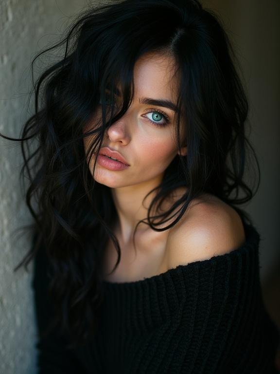 An extreme close-up portrait features a woman tilting her head to the right. She has beautiful black hair styled in waves. The camera is very close to her turquoise eyes. She has full lips and a shy smile. She wears a black knitted sweater partly off her shoulder.