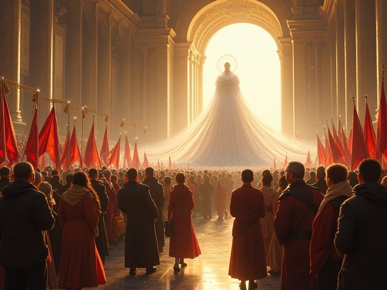 Portrait scene depicting a vibrant celebration at Moscow's central train station. A crowd gathers to welcome the arrival of White Tara. Warm golden light filters through high windows. People wave flags and hold flowers. White Tara descends from a modern train, radiating peace. Incorporate religious symbols subtly in the background. The mood is joyful, spiritual, and uplifting.