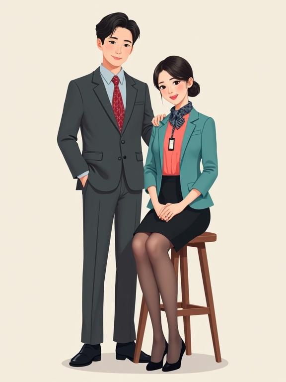 Korean couple flight attendants in their late twenties. Full body front view. Male stands behind in dark grey suit with pale-blue shirt and red plaid tie. Black socks and dress shoes. Black lanyard with ID badge. Short hair and friendly smile. Hand on female's shoulder. Female sits on wooden stool wearing coral-pink blouse and black skirt. Turquoise blazer draped over shoulders. Dark-blue scarf tied elegantly. She wears sheer black pantyhose and black pumps. Elegant makeup and neat bun. Soft smile. Romantic photo studio with off-white background.