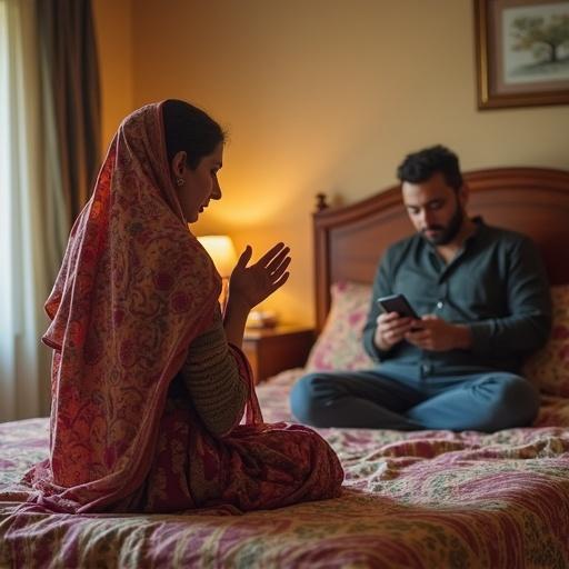 In a modest Pakistani luxury bedroom, a woman in colorful traditional dress prays with raised hands, her expression a mix of sorrow and hope. Next to her, her husband casually uses a mobile phone, appearing supportive. The room is bright with natural light and features typical Pakistani decor such as wooden furniture and embroidered cushions.