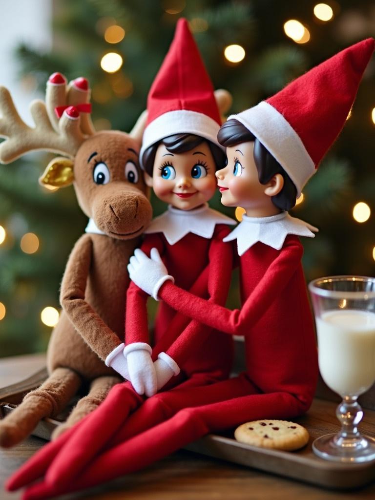 Two elves hug beside a moose with a tray of milk and cookies. Soft lighting creates a festive atmosphere. The scene is perfect for holiday celebrations.