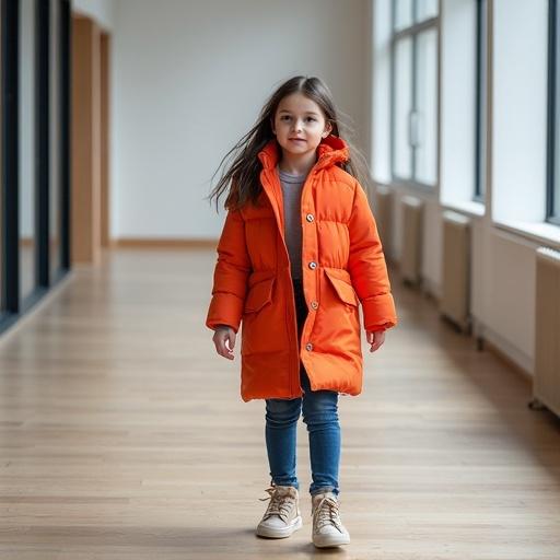 A young girl walks confidently in an orange coat down a hallway. The setting has large windows allowing natural light to shine in, enhancing the warm atmosphere. The girl looks cheerful and engaged, embodying a sense of exploration and growth.