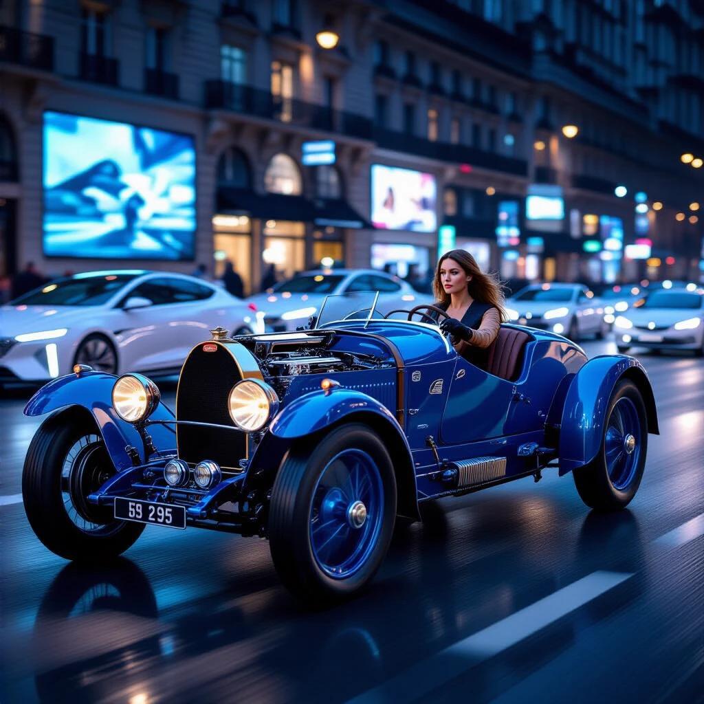 Photorealistic scene depicting a vibrant blue 1924 Bugatti T35 driven by a female driver on the Champs-Élysées at night. The driver has determined eyes and gloved hands gripping the steering wheel. The car features a hand-riveted body and exposed engine piping with chrome wire wheels. The blurred background shows self-driving vehicles and holographic ads on the wet asphalt, capturing the essence of urban motion.