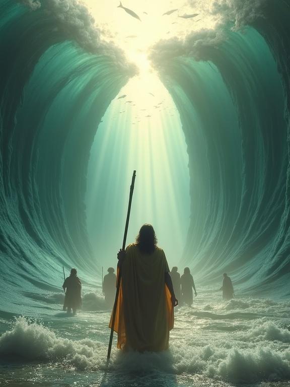 Dramatic frontal view of Moses parting the Red Sea. Moses stands powerfully with a wooden staff, robes fluttering. The sea is split into immense vertical torrents of crystal-clear water. The path stretches into the distance with Israelites walking forward. Motion in the water, visible fish, bubbles and currents. Light pours through the sky casting radiant beams. The atmosphere is epic and holy.