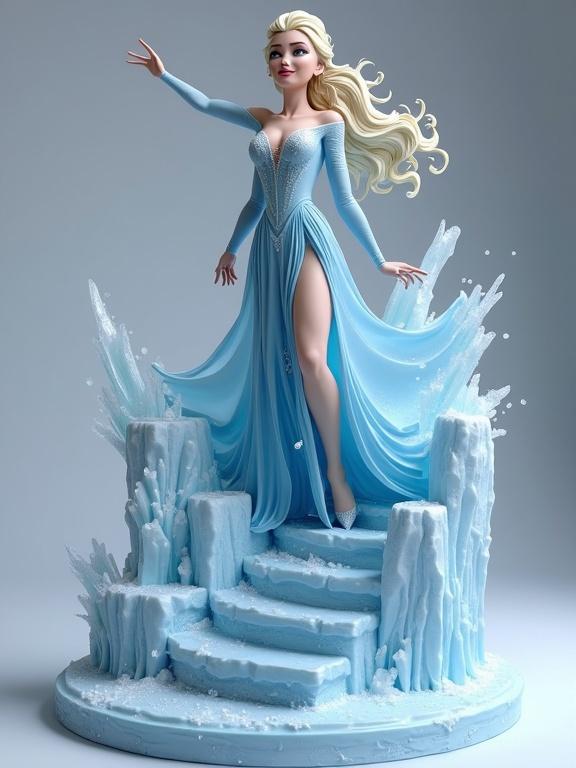 Resin figure inspired by Elsa from Frozen. Sensual adult version with exaggerated features. Climbing ice staircase leading to base. Stalactites and ice crystals surround scene. Elegant pose with one leg forward and hand casting ice magic. Long translucent ice blue dress with high slit. Long platinum-blonde hair flowing back. Capturing the moment of song 'I am free'. High detail collectible style.