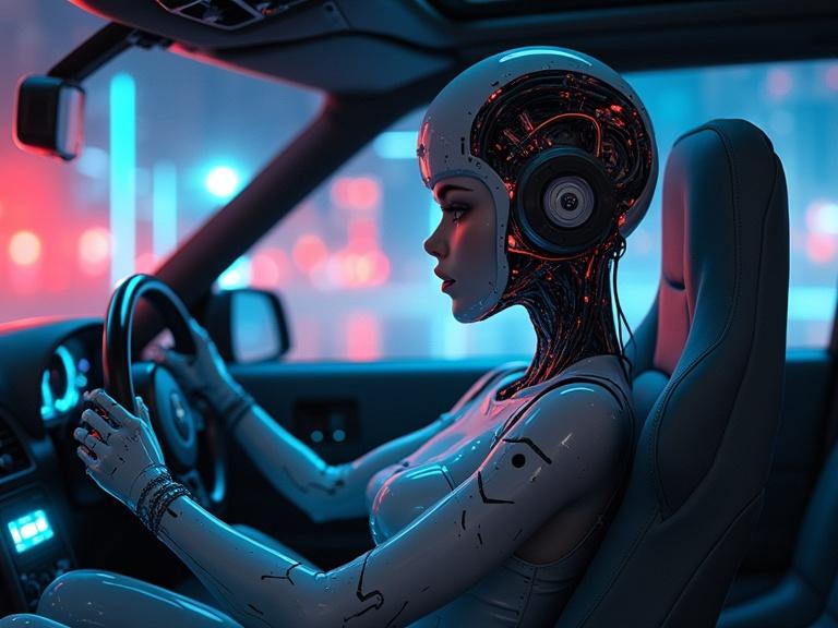 Cybernetic woman is seated in a car cockpit. She has a futuristic design with exposed wiring. The interior is illuminated with neon lights. The atmosphere is sci-fi inspired.