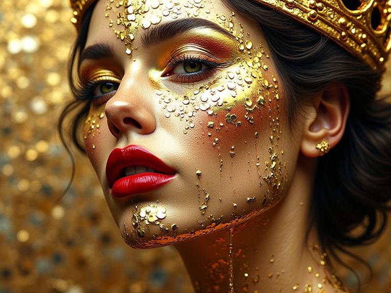 Portrait of a woman covered in gold, liquid gold dripping from her body, crown melting, metallic textures, bold red lips, artistic mixed media style