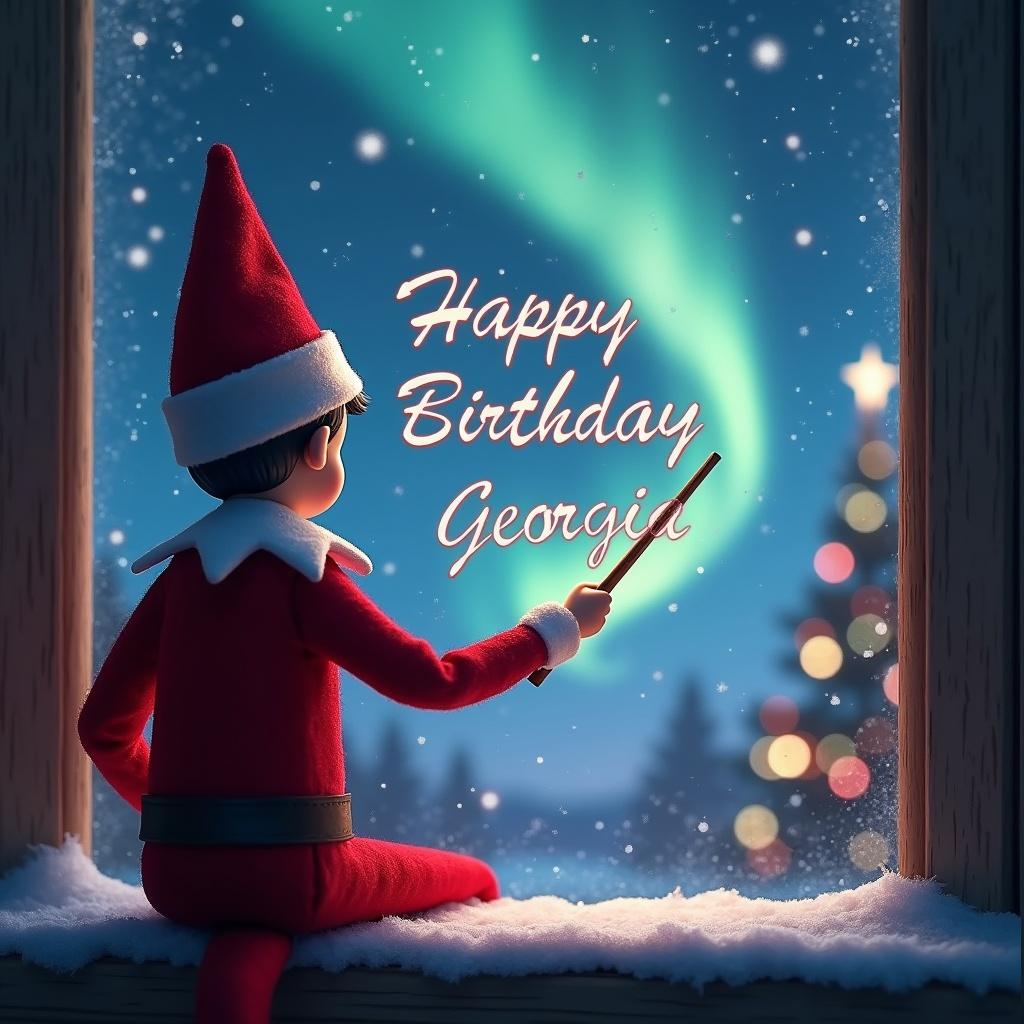 Elf on the shelf faces the sky holding a wand. Magical Christmas scene with northern lights. Santa in the background. Text Happy Birthday Georgia written in the sky.