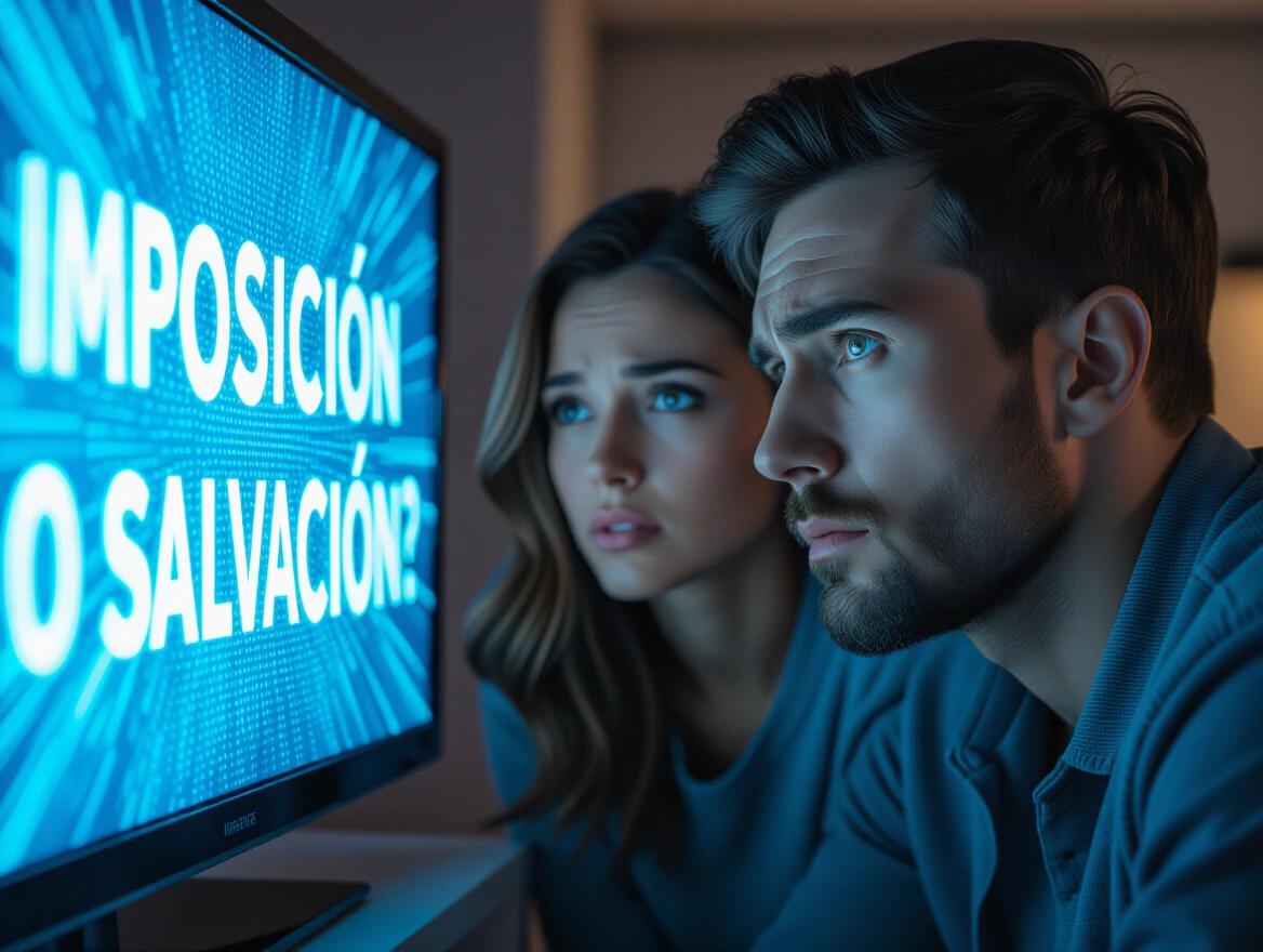 Close-up of a man and a woman with serious expressions looking at a TV. The screen shows the text '¿IMPOSICIÓN O SALVACIÓN?'. Blue light from the TV illuminates their faces. Sense of doubt and urgency.