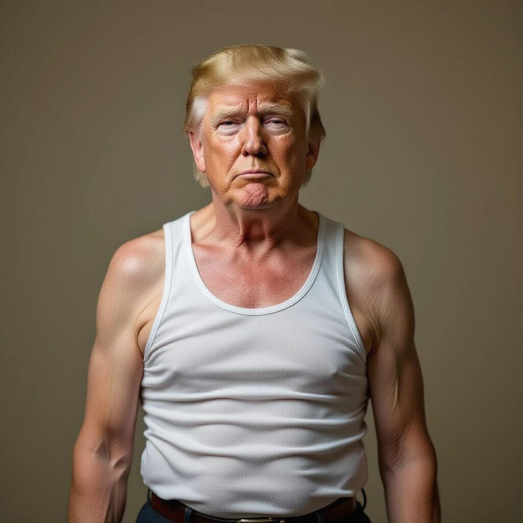 Donald Trump depicted as extremely skinny and frail. Sunken cheeks and visible bones. Thin limbs in a loose tank top. Pale skin showing signs of weight loss and fatigue. Standing in a neutral background with slight dim lighting. Weak posture and hollow expression. Hyper-realistic or satirical art style.