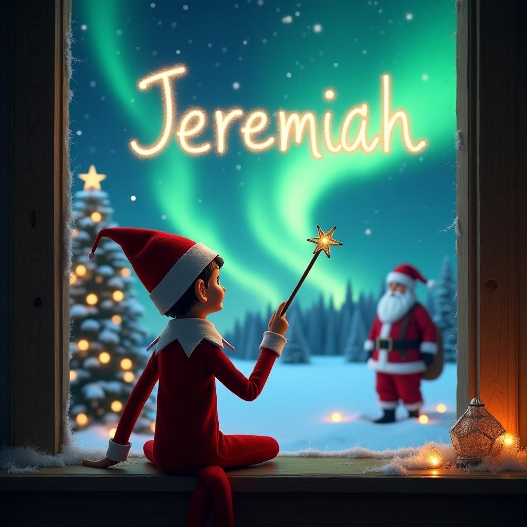 Elf on the shelf facing the sky. Elf uses a wand to write Jeremiah in the night sky. Magical Christmas scene is in background. Northern lights and Santa appear in view.