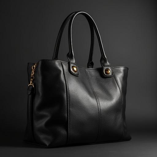 A large black handbag with gold hardware is prominently displayed. The bag features a structured design and sturdy handles. Soft shadows highlight the texture and details of the bag against a dark background.