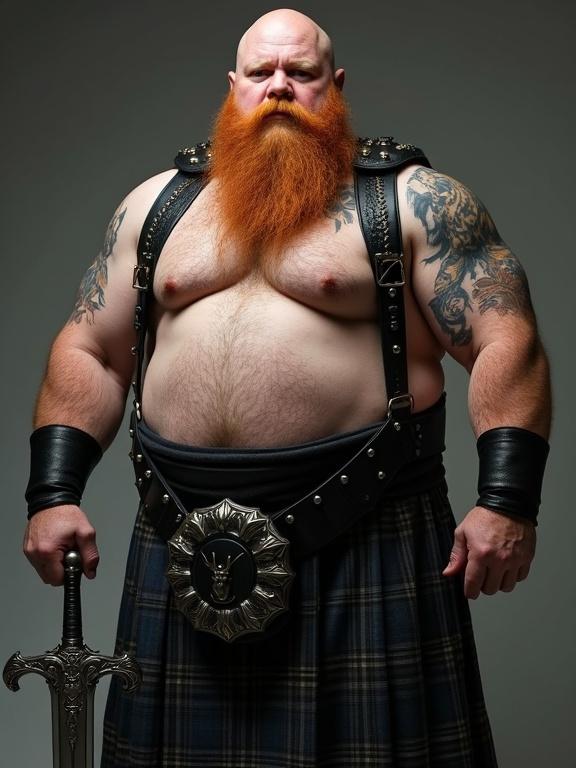 A muscular man with bright ginger beard wears a black leather harness and kilt. He holds a silver sword. Tattoos are visible on his arms, including a panther. He has a bald head and thick body hair.