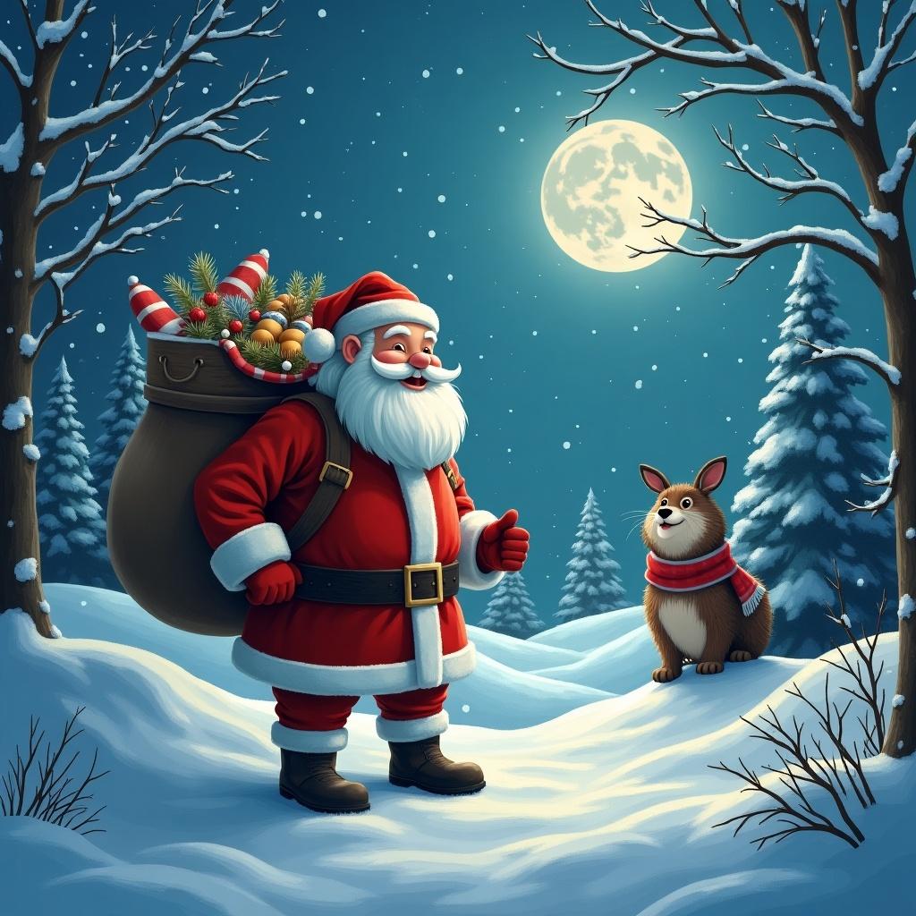 Santa Claus in a snowy landscape. Santa wears a red suit and stands with a bag full of gifts. The background shows tall trees and a bright moon. A reindeer appears nearby. The scene is festive and cheerful.