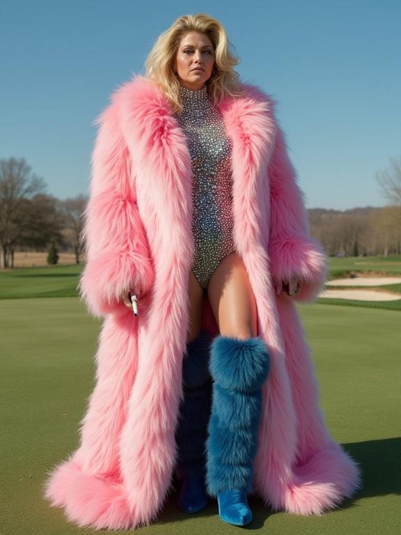 Model in extravagant pink and white fur coat appears on golf fairway. Long spike encrusted neck-collar adds glamour. The outfit includes a sparkling dress. Bold blue fur boots complete the look. A long cigarette is held while standing under sunny skies.