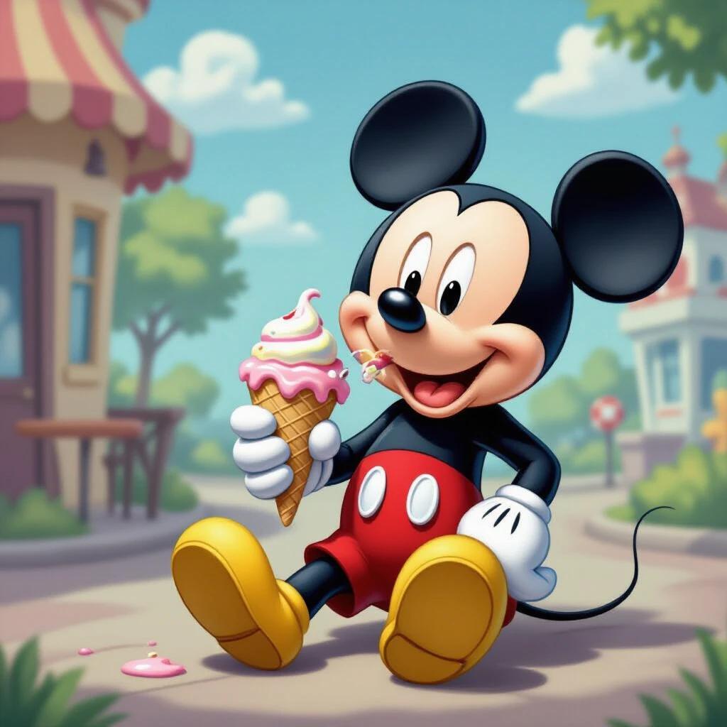 Mickey Mouse character happily eating an ice cream cone sitting on the ground. Background shows a sunny day in a cartoon town, with pastel colors and cheerful atmosphere. Mickey wears red shorts, large shoes, and gloves while enjoying his ice cream cone.