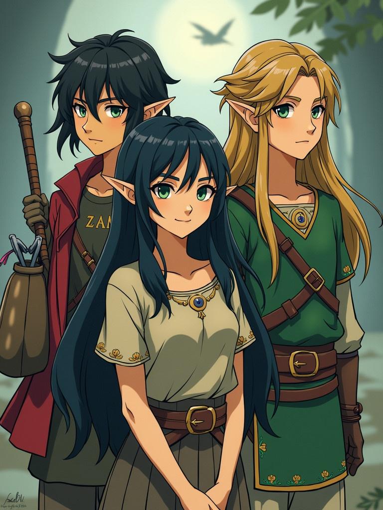 Anime style representation of a group of fantasy characters. Hylian woman has black hair and green eyes. Zora man and Goron man are depicted with bomb bags. Hylian man represents a mage. Characters are in a mystical setting.