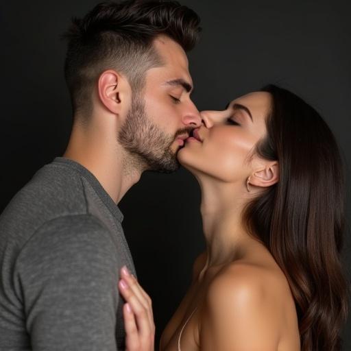 A man is kissing the woman's neck. The woman is arching her neck backwards.