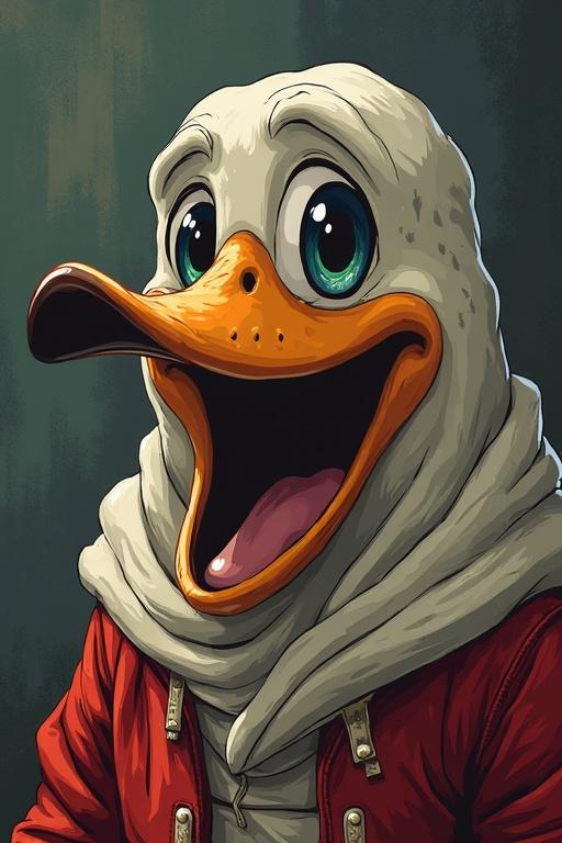 A cartoon character with the head of a duck wearing a hooded jacket. The character has a large, excited smile and expressive eyes. The scene is in a muted color background to highlight the character.