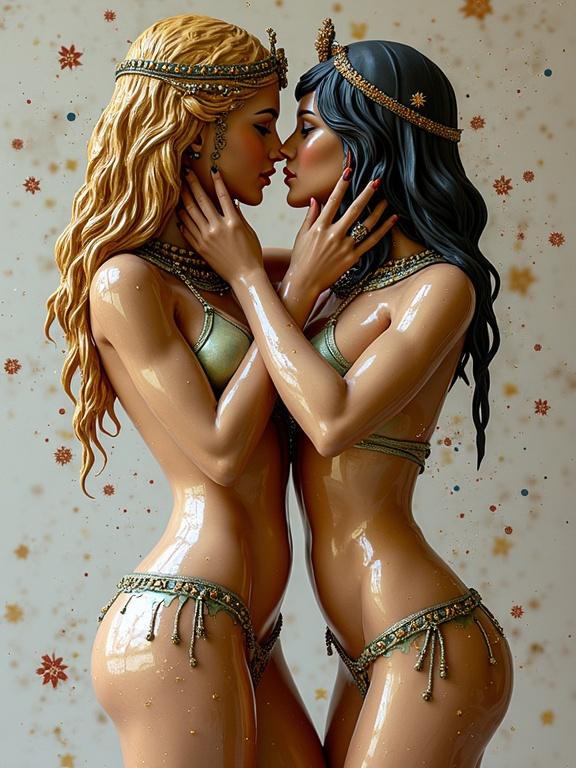A 3D statue featuring two figures in tiny bikinis embracing intimately. The sculpture is shiny and smooth with gold accents. It reflects a modern interpretation of Klimt's style and evokes sensuality and elegance.