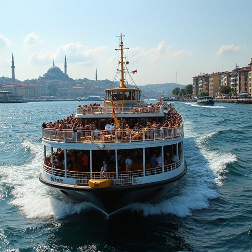 Ferry crossing the Bosphorus at midday. Hagia Sophia in the background. Vendors sell simit bread on deck. Seagulls dive for crumbs. Water shimmers with oil slicks. Pastel colored apartment buildings on the shore. Harsh midday shadows, crowded deck, 50mm lens.