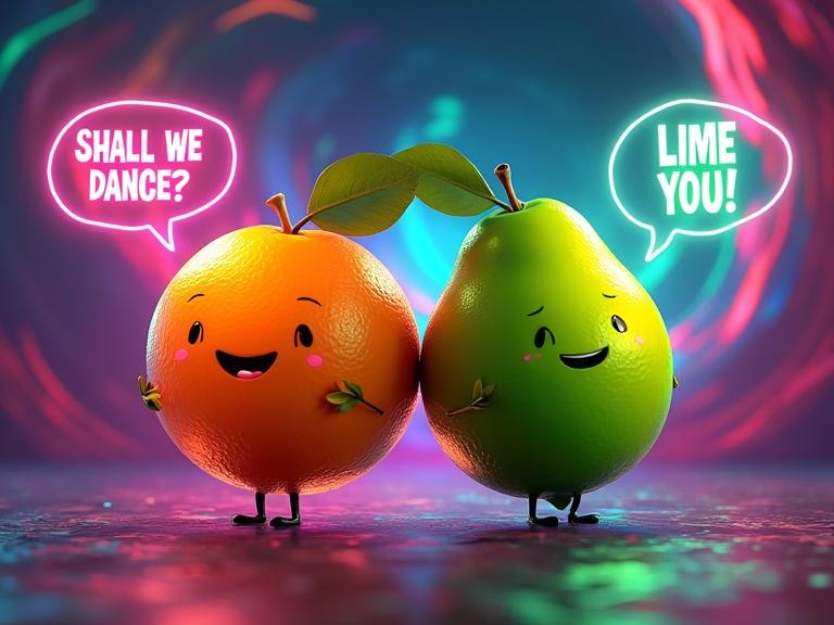 Two cartoon fruit characters, orange and lime, standing back-to-back. Neon highlights illuminate the characters. Background features abstract swirl of colors. The orange asks, 'Shall we dance?' The lime responds humorously.