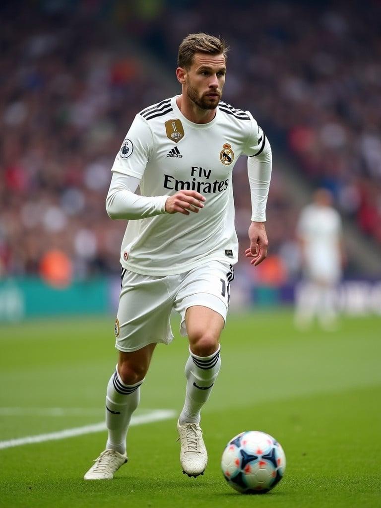 Football player in Real Madrid uniform on the field. The player is dribbling the ball during a match. Fans are visible in the background.