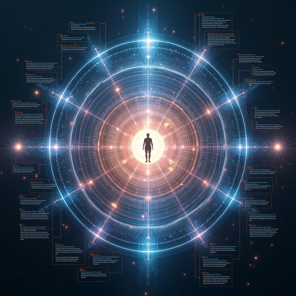 Diagram illustrating advanced quantum healing system by Kim Kyoungchan detailed layers of energy and connection, featuring human silhouette at center, glowing matrix of cosmic connectivity, distinct layers for different dimensions and energy signatures, vibrant light flows depicting data streams and healing interventions, futuristic and ethereal visual style, ultra-high resolution
