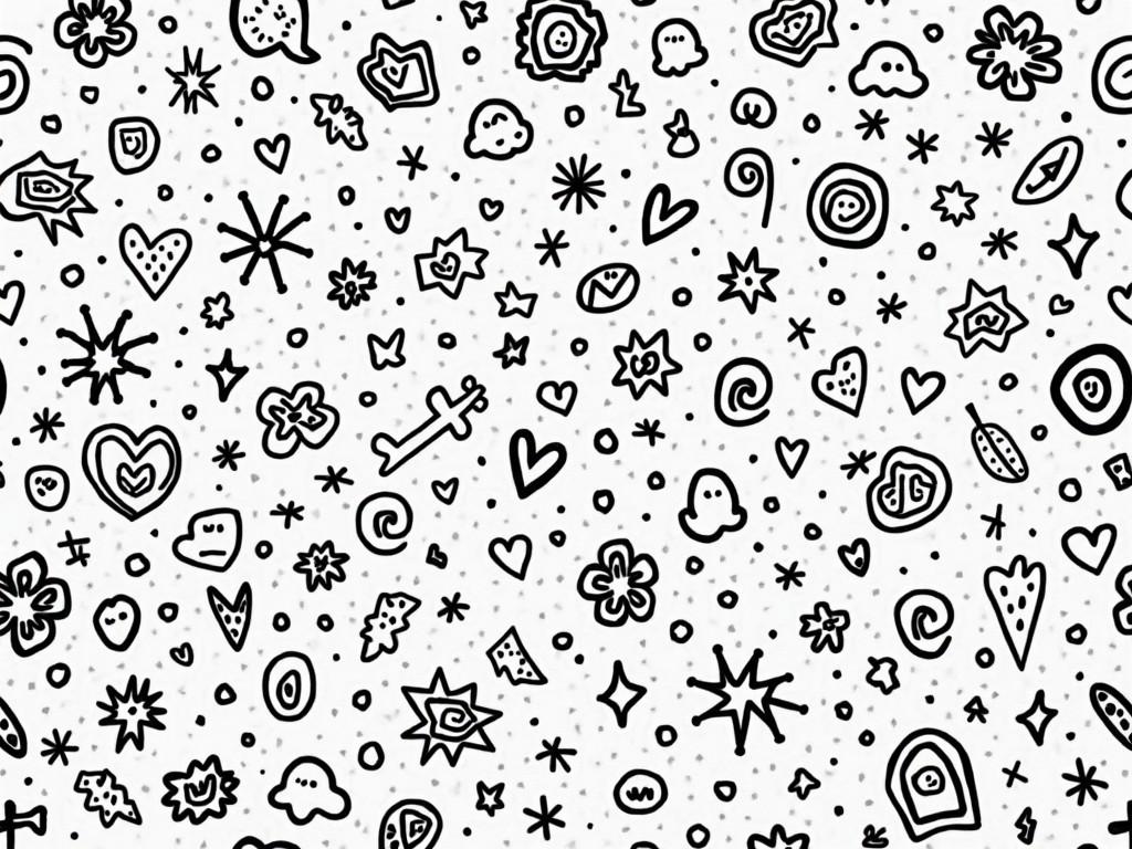 A black and white doodle pattern featuring hearts, stars, and abstract shapes, arranged randomly across the canvas.