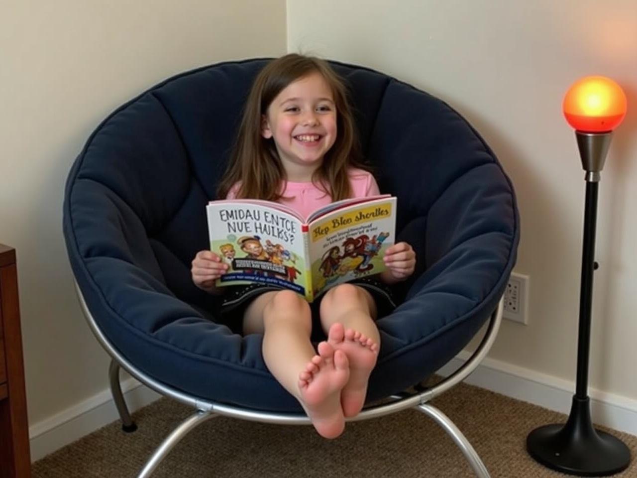 A girl is sitting comfortably in the round, dark blue chair. She is holding a book with an amusing title and has a joyful expression on her face. The chair has a soft and inviting fabric, and its metallic frame is sturdy. Her feet are planted on the floor, showing her relaxed posture as she enjoys the book. A small lamp beside the chair adds a warm glow to the room, indicating a cozy reading corner.