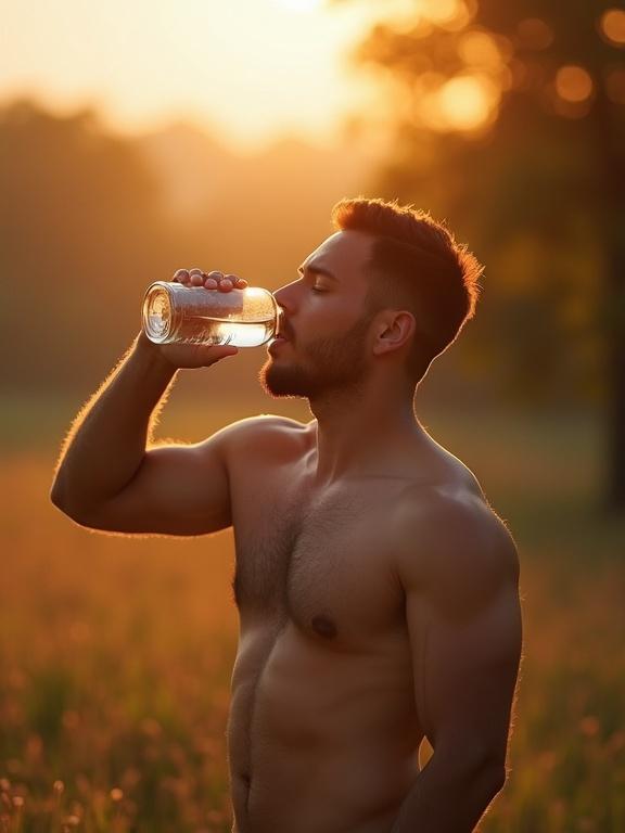 Man drinking water in a field during golden hour. Shallow depth of field. Shot with Canon EOS R5 and 85mm f/1.4 lens. Hyperrealistic detail and cinematic composition.