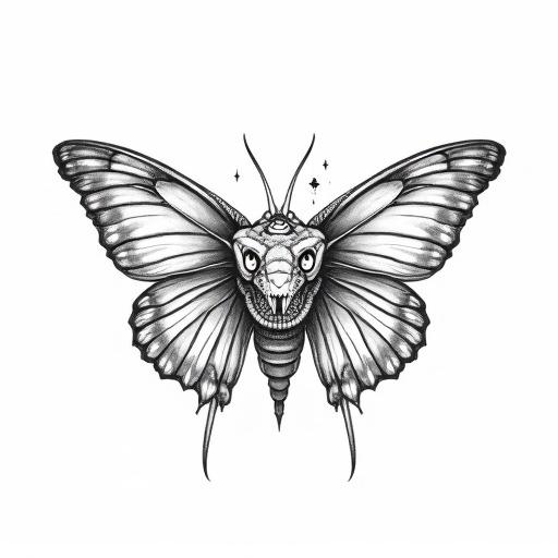 Black linework tattoo design for sternum placement under the breasts. The design displays a viper's head with distinctive features and butterfly wings. Bold black outlines dominate the artwork. The style draws inspiration from Japanese tattoo traditions and woodblock prints. Image is set against a plain white background.