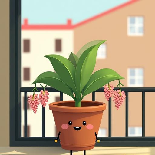 A green plant in a brown flowerpot has a smiling face and limbs. Pink flowers hang from a hook. A building with multiple windows is seen through a black railing. The style is warm and lovely.