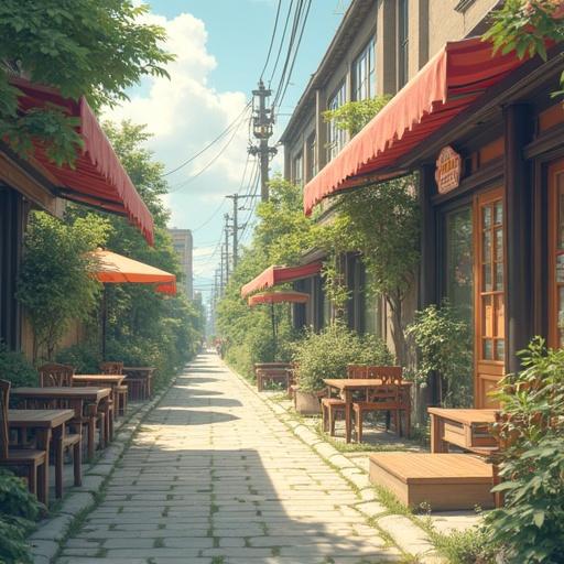 Outdoor cafe scene with seating arrangement along a charming pathway in a city. Bright summer day with clear blue sky and lush greenery lining the walkway.