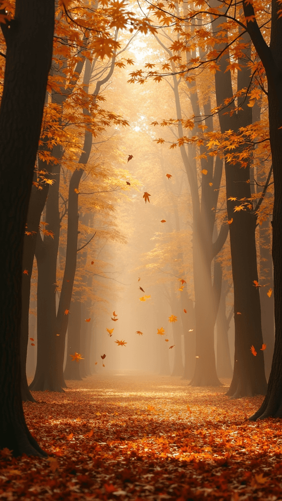 A sunlit forest pathway is adorned with autumn leaves falling gently from the trees, creating a golden tapestry on the ground.