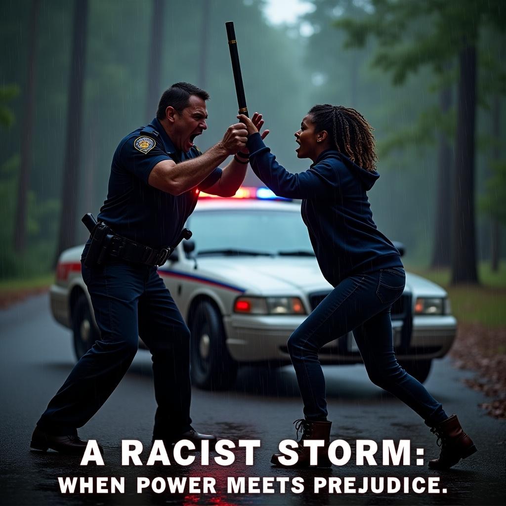 A rainy evening in a dark forest sets the stage for an intense confrontation. A police officer faces a woman, both drenched from the relentless downpour. The officer, filled with anger, wields a baton with violent intent, while the woman appears terrified and helpless. Flashing police lights illuminate the scene, casting eerie shadows among the trees. The atmosphere is thick with tension, evoking emotions tied to power and prejudice in society.