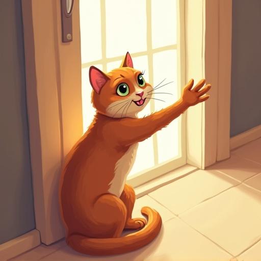 Flat color 2D cartoon of a cat reaching out its arm towards the viewer. Cat is sitting on the floor with a high angle view. Background shows the floor and a window.
