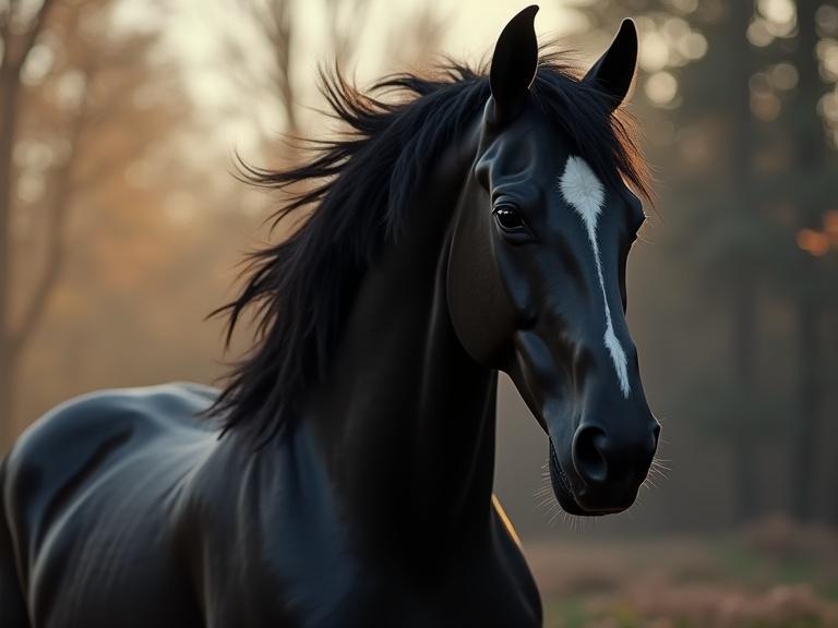 Close-up of a majestic black horse in a natural setting. Soft lighting enhances the horse's features and flowing mane. Background shows blurred greenery.