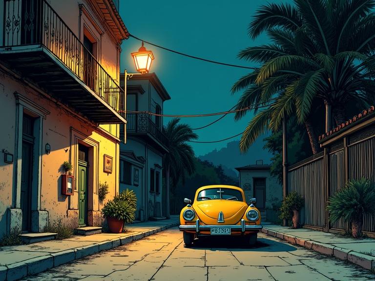 Ink-style illustration depicting a vintage car parked under a streetlamp on a Havana street at night. The scene has a nostalgic atmosphere with bold outlines and selective color. Emphasis on nighttime light and vintage charm.