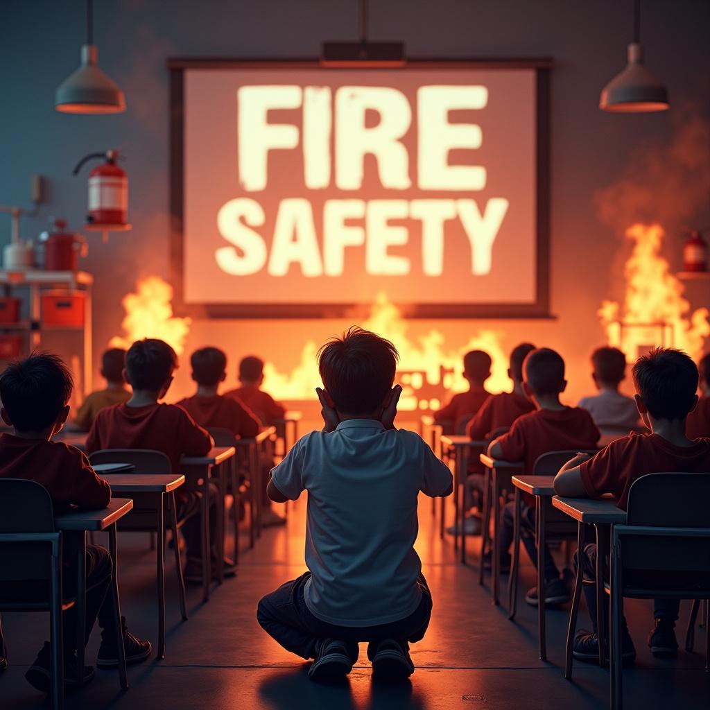 Students in classroom face a projector screen displaying 'FIRE SAFETY'. Flames engulf laboratory equipment. Crouched boy appears distressed. Surroundings chaotic with scattered tools and smoke. Dim eerie lighting emphasizes urgency. Text is bold and attention-grabbing. Illustration of fire hydrant left; fire extinguisher right. Overall theme promotes fire safety education.