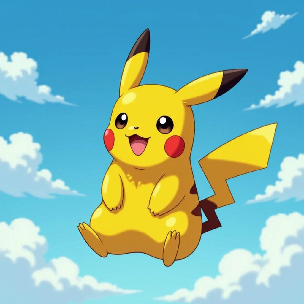 A Pikachu character is sitting happily in the sky among clouds. Bright blue sky with white fluffy clouds surrounds it. Pikachu looks cheerful and animated in style. Bright yellow body and black-tipped ears stand out against the sky.