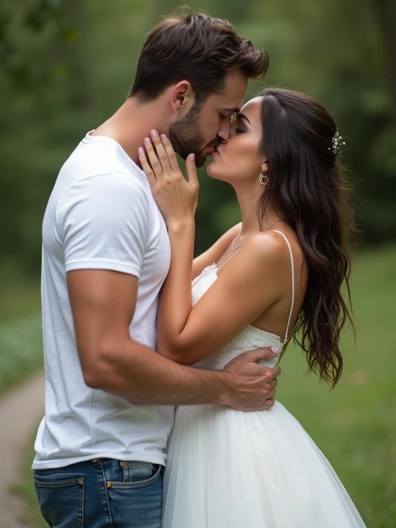 A tender moment between a bride and groom. The couple kisses sweetly in a natural setting. The bride wears a revealing white dress. The groom is in a casual t-shirt and jeans. The scene captures their affection and connection.